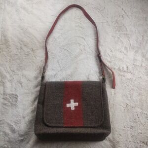 Swiss Cross Messenger Bag Fabric Lined Faux Leather Strap